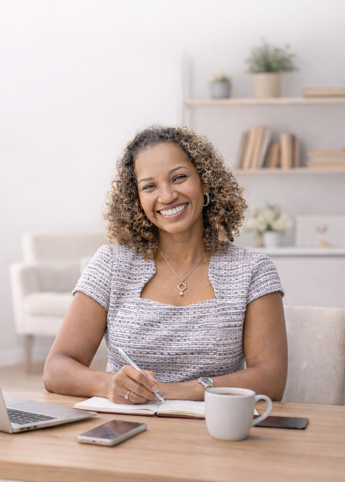 Debbie smiling at her desk with a notebook and coffee